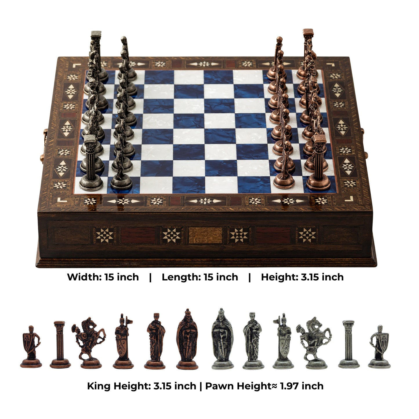 15" Luxury Handmade Wooden Chess Set with Drawer – Metal Pieces & Decorative Gift Board & Best Chess Gift