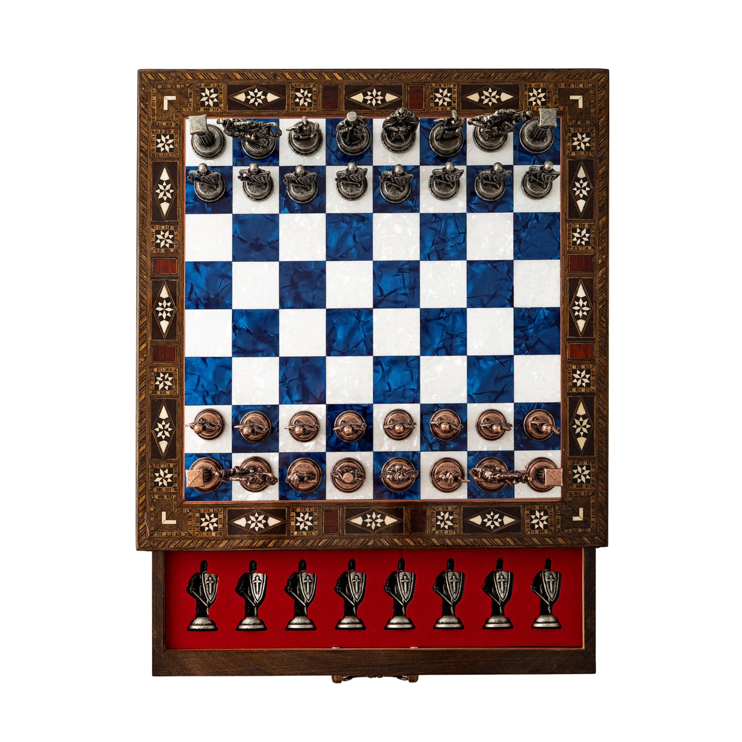 15" Luxury Handmade Wooden Chess Set with Drawer – Metal Pieces & Decorative Gift Board & Best Chess Gift