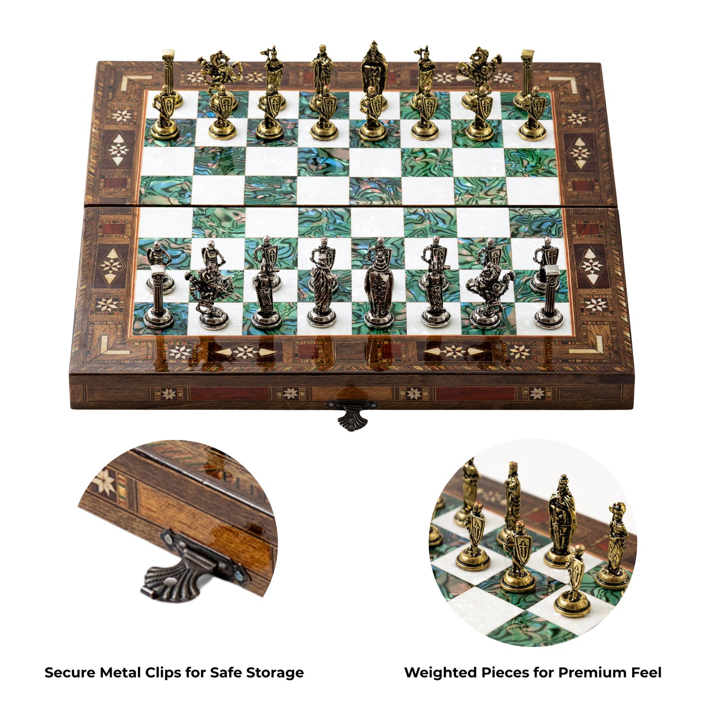 13" Handmade Walnut Folding Chess Set – Luxury Metal Chess Pieces & Storage