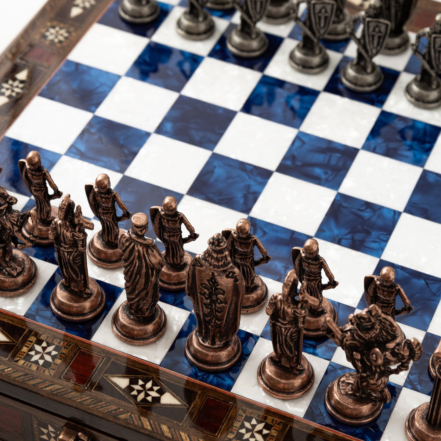 15" Luxury Handmade Wooden Chess Set with Drawer – Metal Pieces & Decorative Gift Board & Best Chess Gift