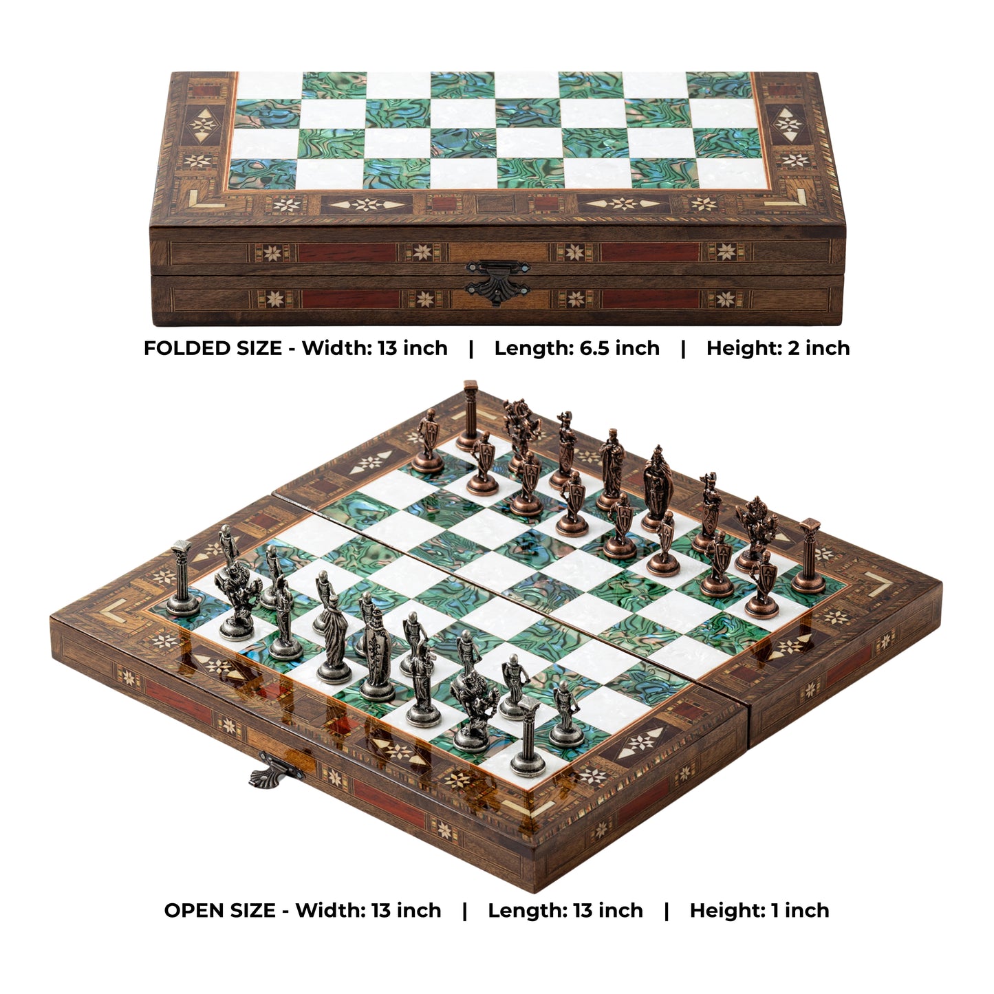 13" Handmade Walnut Folding Chess Set – Luxury Metal Chess Pieces & Storage