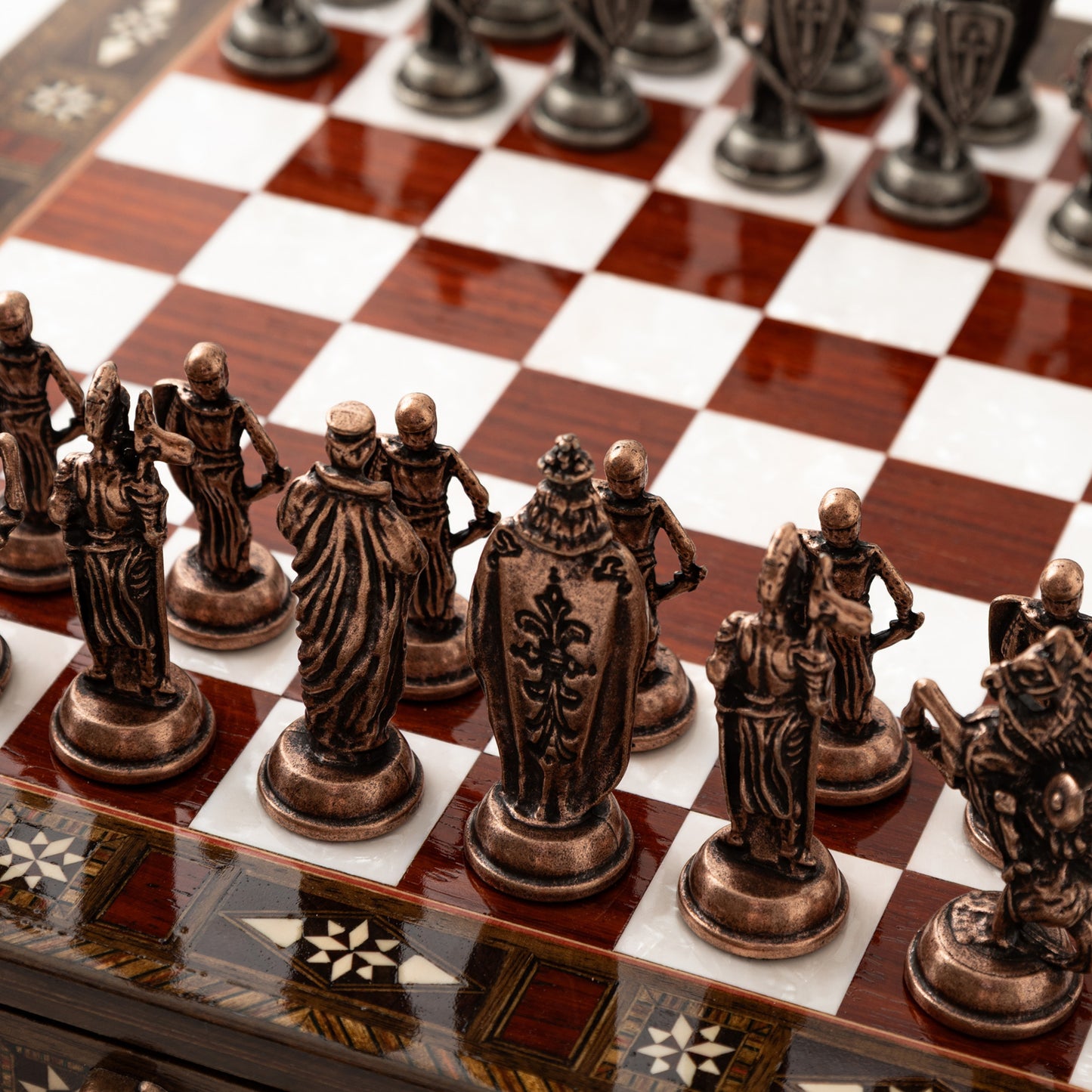 15" Collector’s Wooden Chess Set with Storage – Handmade Luxury Board & Metal Pieces & Best Christmas Gift
