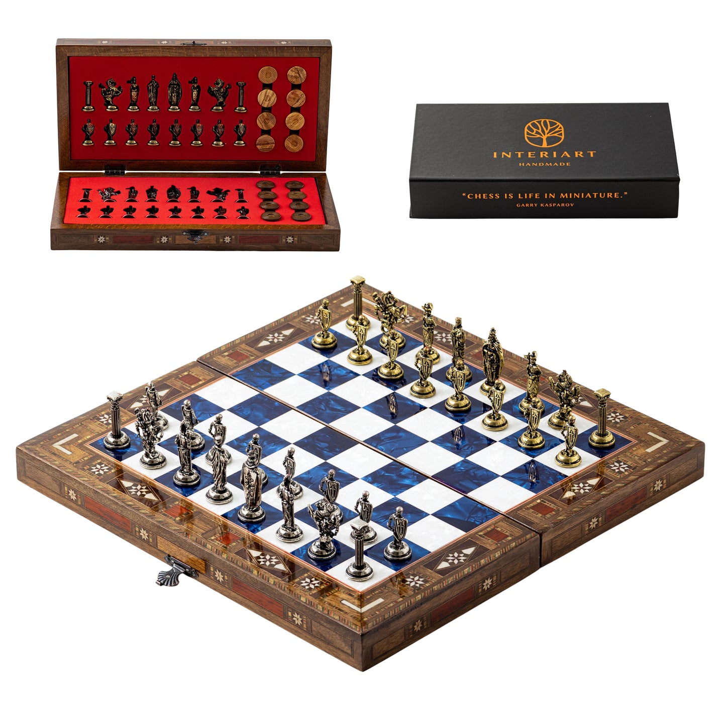 13" Handmade Walnut Folding Chess Set – Luxury Metal Chess Pieces & Storage