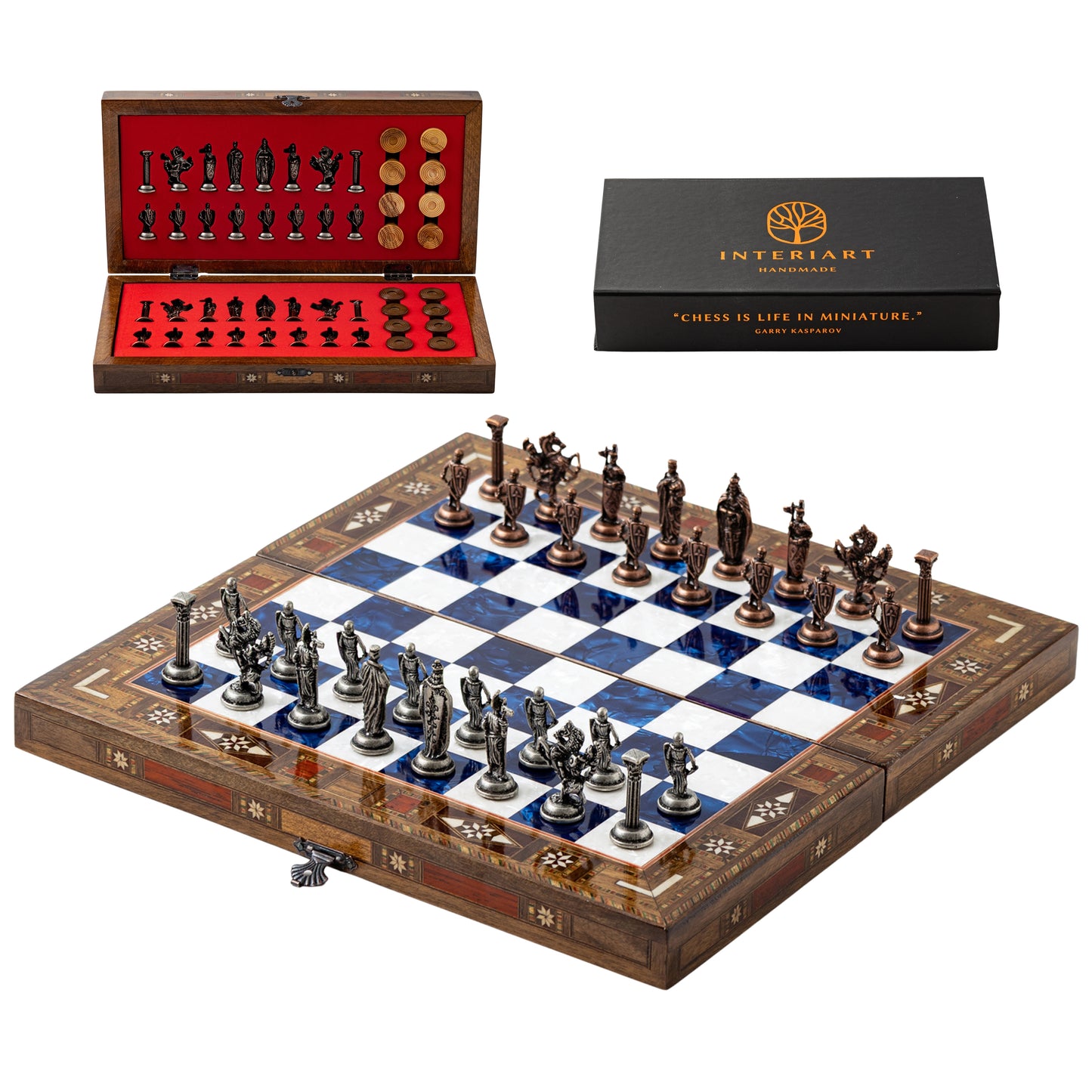 13" Handmade Walnut Folding Chess Set – Luxury Metal Chess Pieces & Storage