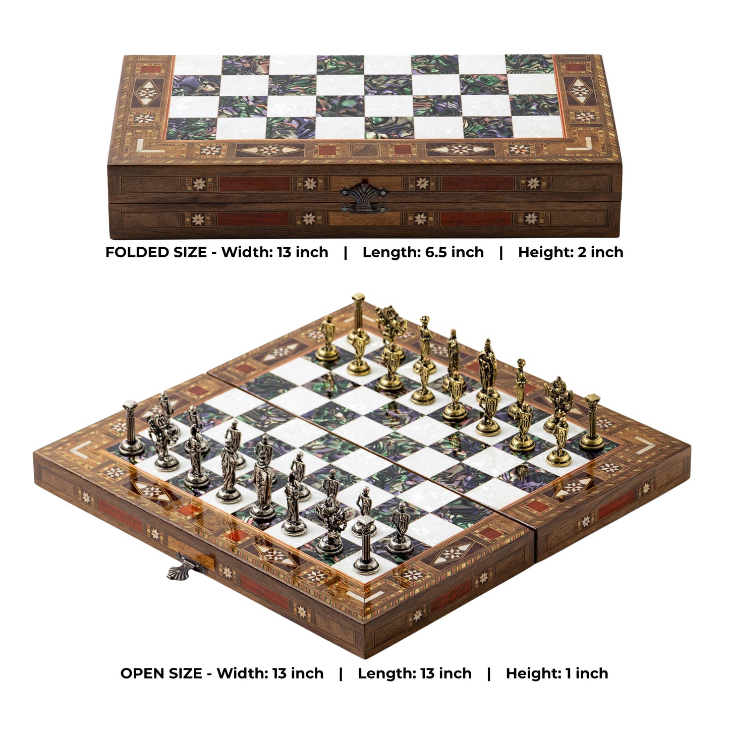 13" Handmade Walnut Folding Chess Set – Luxury Metal Chess Pieces & Storage