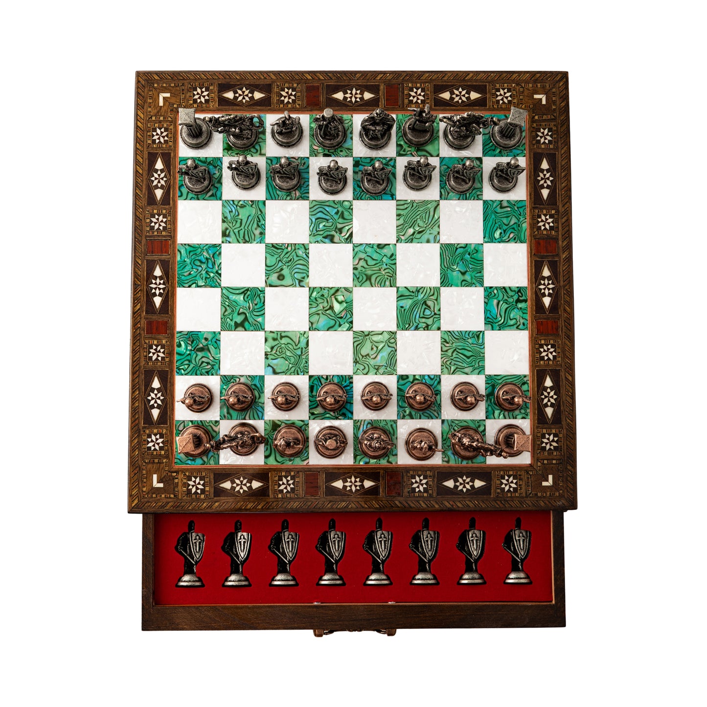 Handmade Wooden Chess Set with Metal Pieces – Luxury Walnut Chess Board with Storage Drawer