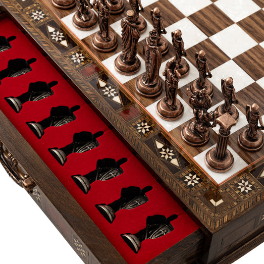 15" Luxury Handmade Wooden Chess Set with Storage – British Metal Pieces & Best Christmas Gift