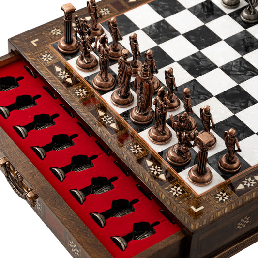 15" Collector’s Handmade Chess Set with Storage – Handmade Board & Luxury Metal Pieces