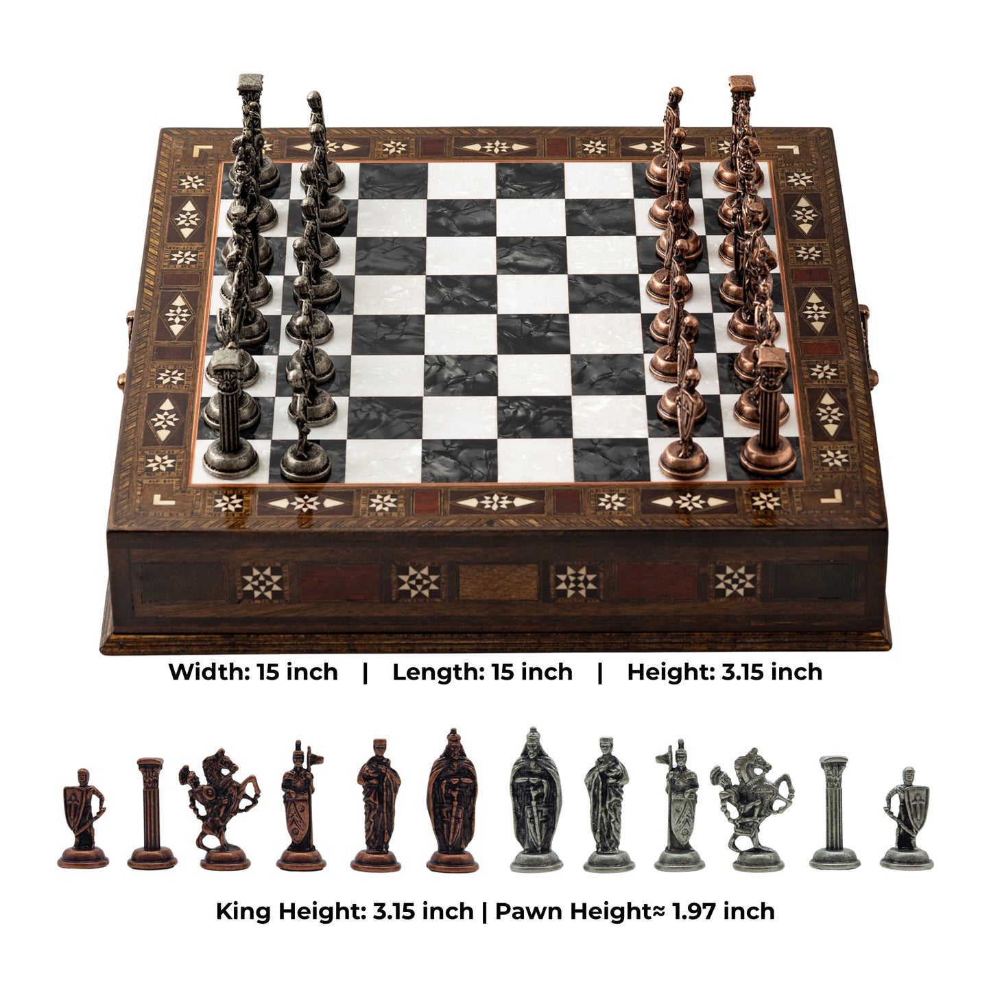 15" Collector’s Handmade Chess Set with Storage – Handmade Board & Luxury Metal Pieces