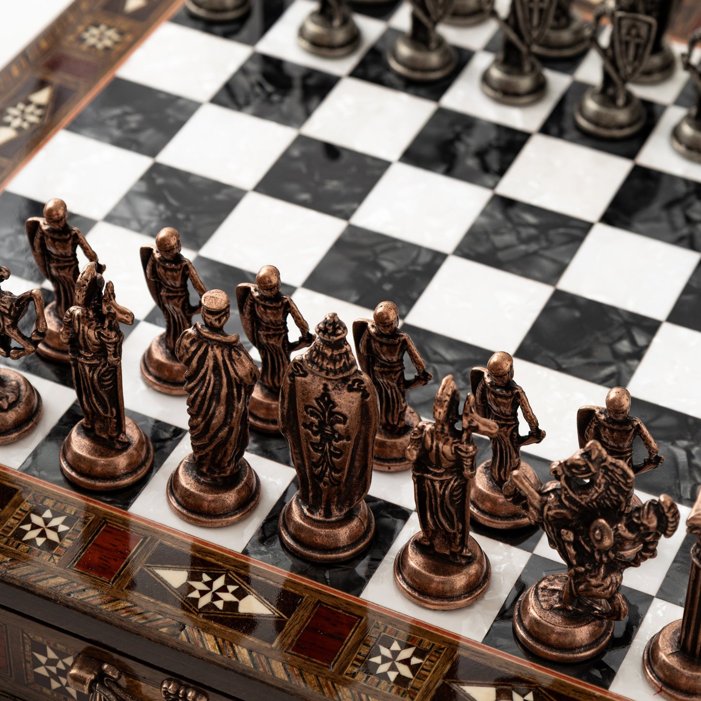 Handmade Wooden Chess Set with Metal Pieces – Luxury Walnut Chess Board with Storage Drawer