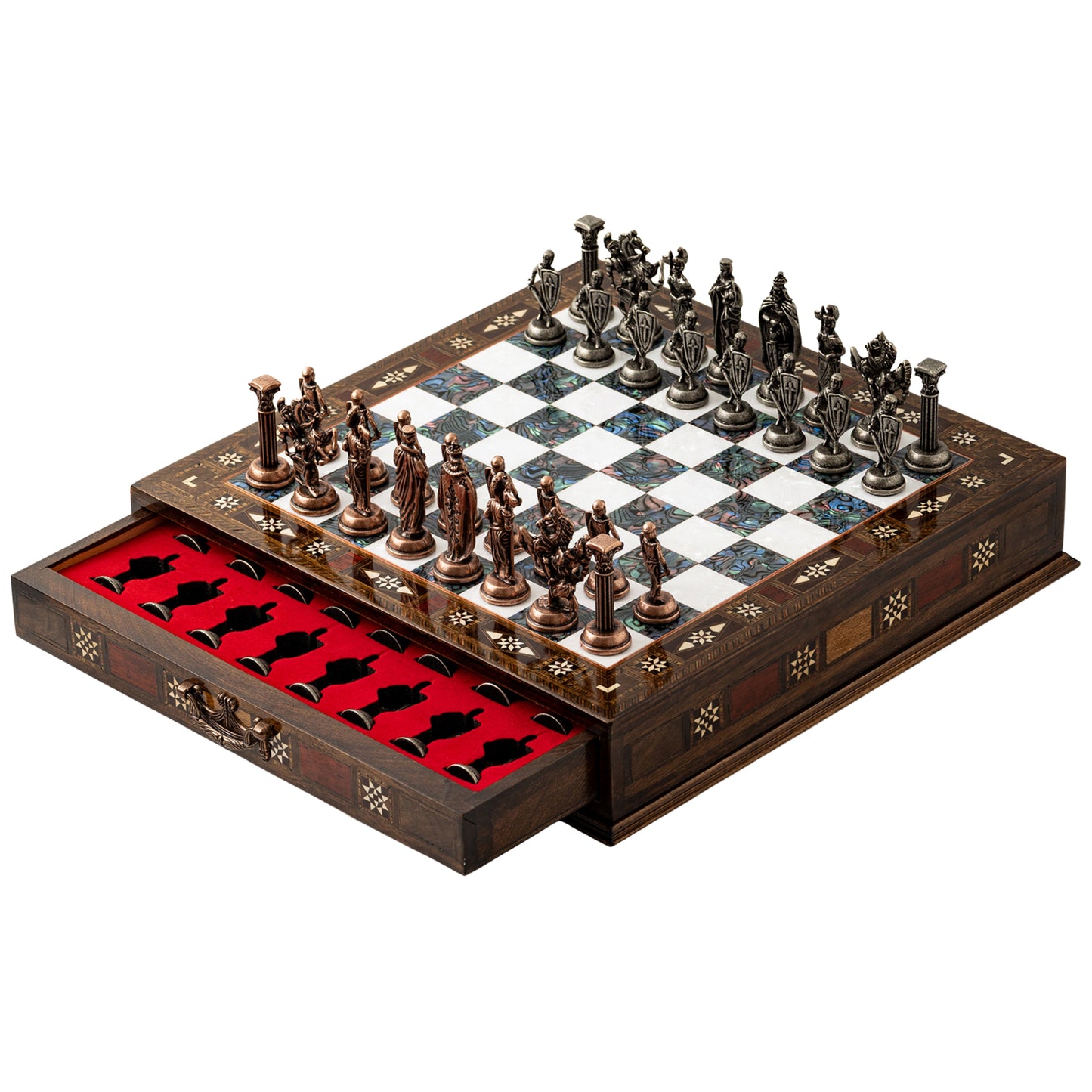 Luxury Handmade Wooden Chess Set with Metal Pieces – 6 Elegant Board Color & Storage Board
