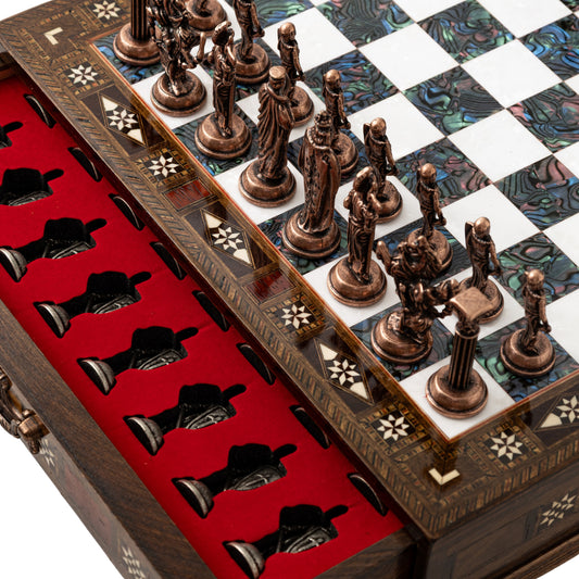 15" Premium Handmade Wooden Chess Set with Storage – British Metal Pieces & Gift Edition