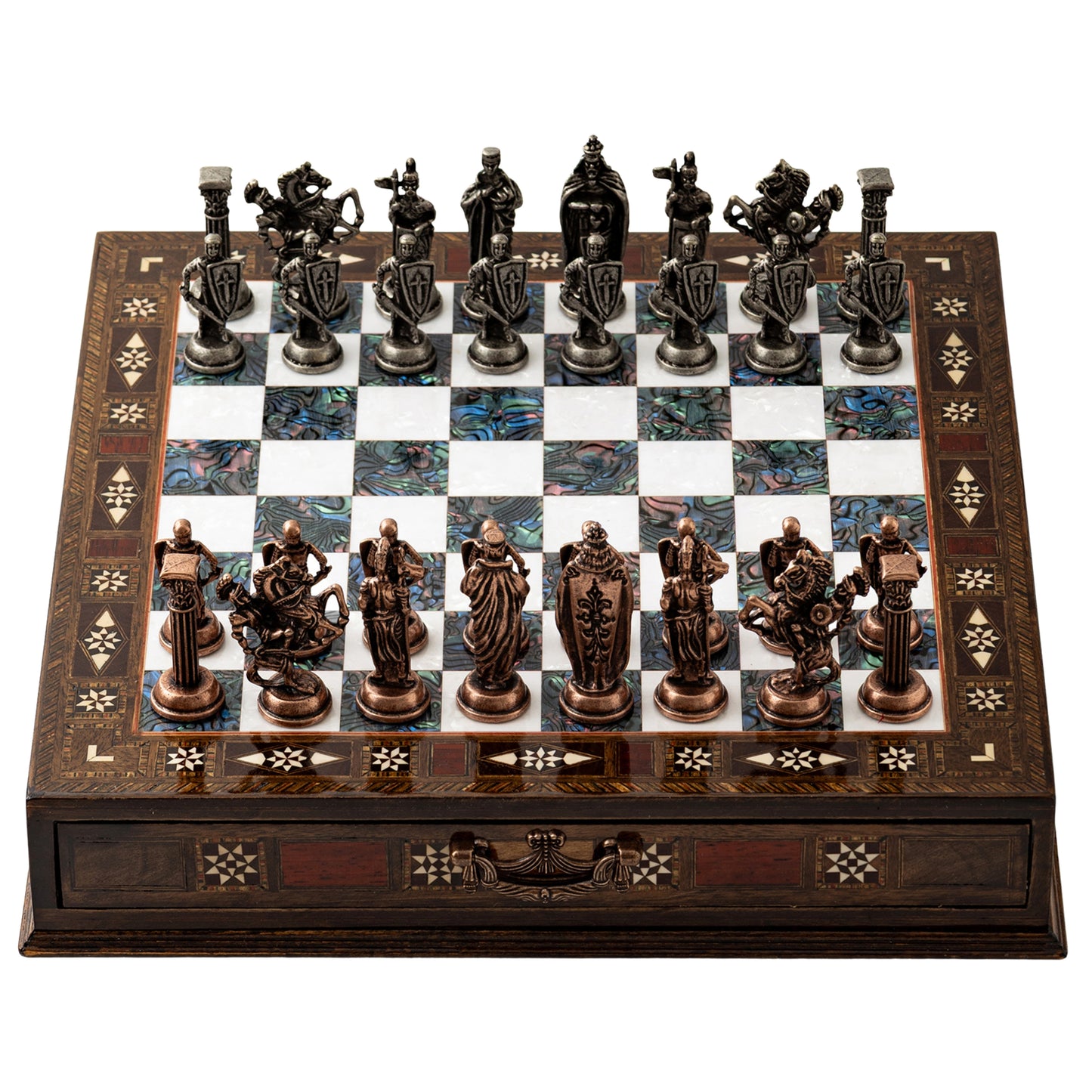 Handmade Wooden Chess Set with Metal Pieces – Luxury Walnut Chess Board with Storage Drawer