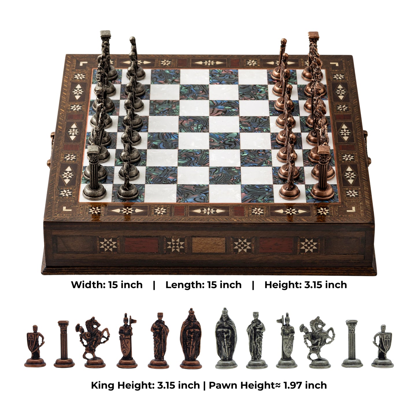 15" Premium Handmade Wooden Chess Set with Storage – British Metal Pieces & Gift Edition