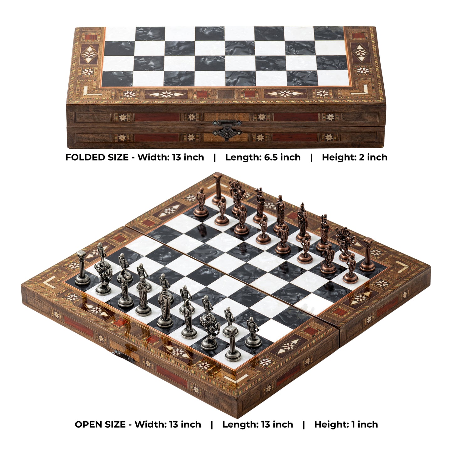 13" Handmade Walnut Folding Chess Set – Luxury Metal Chess Pieces & Storage