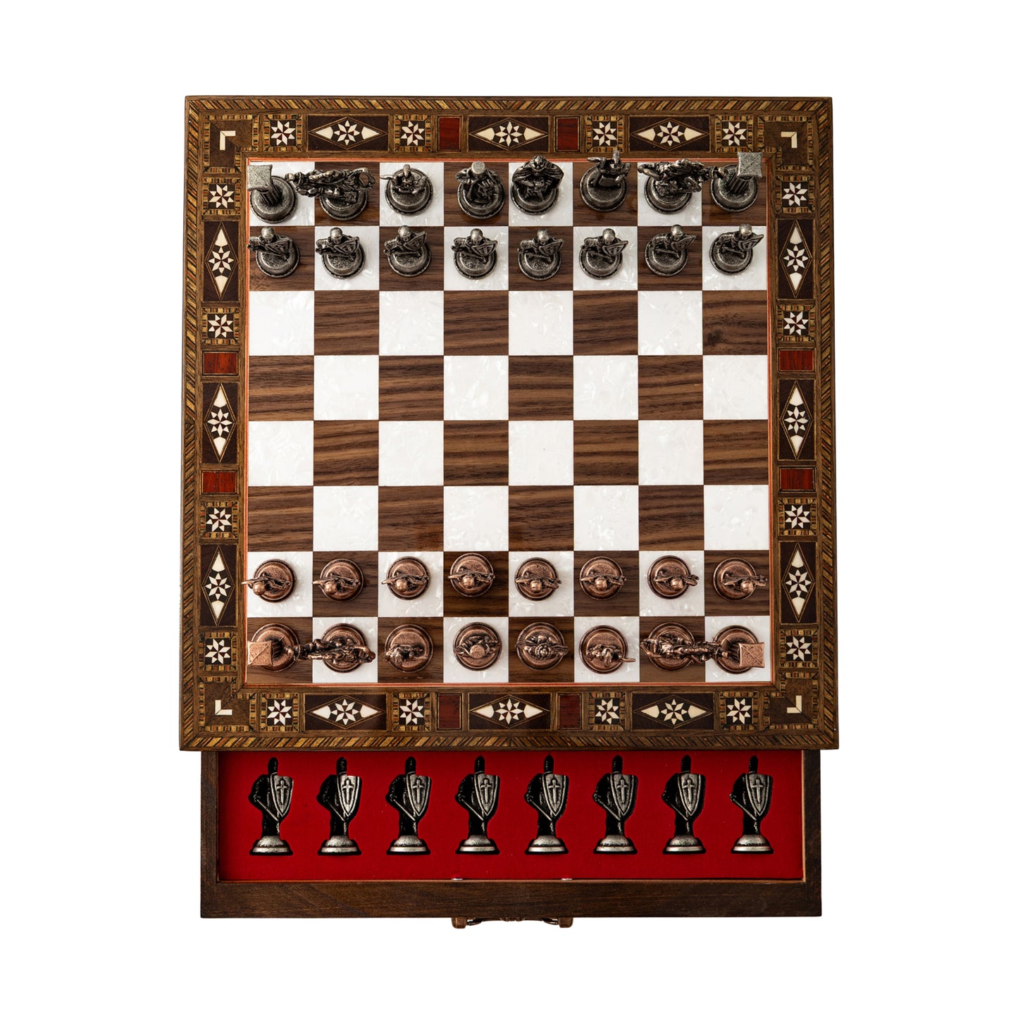 15" Luxury Handmade Wooden Chess Set with Storage – British Metal Pieces & Best Christmas Gift