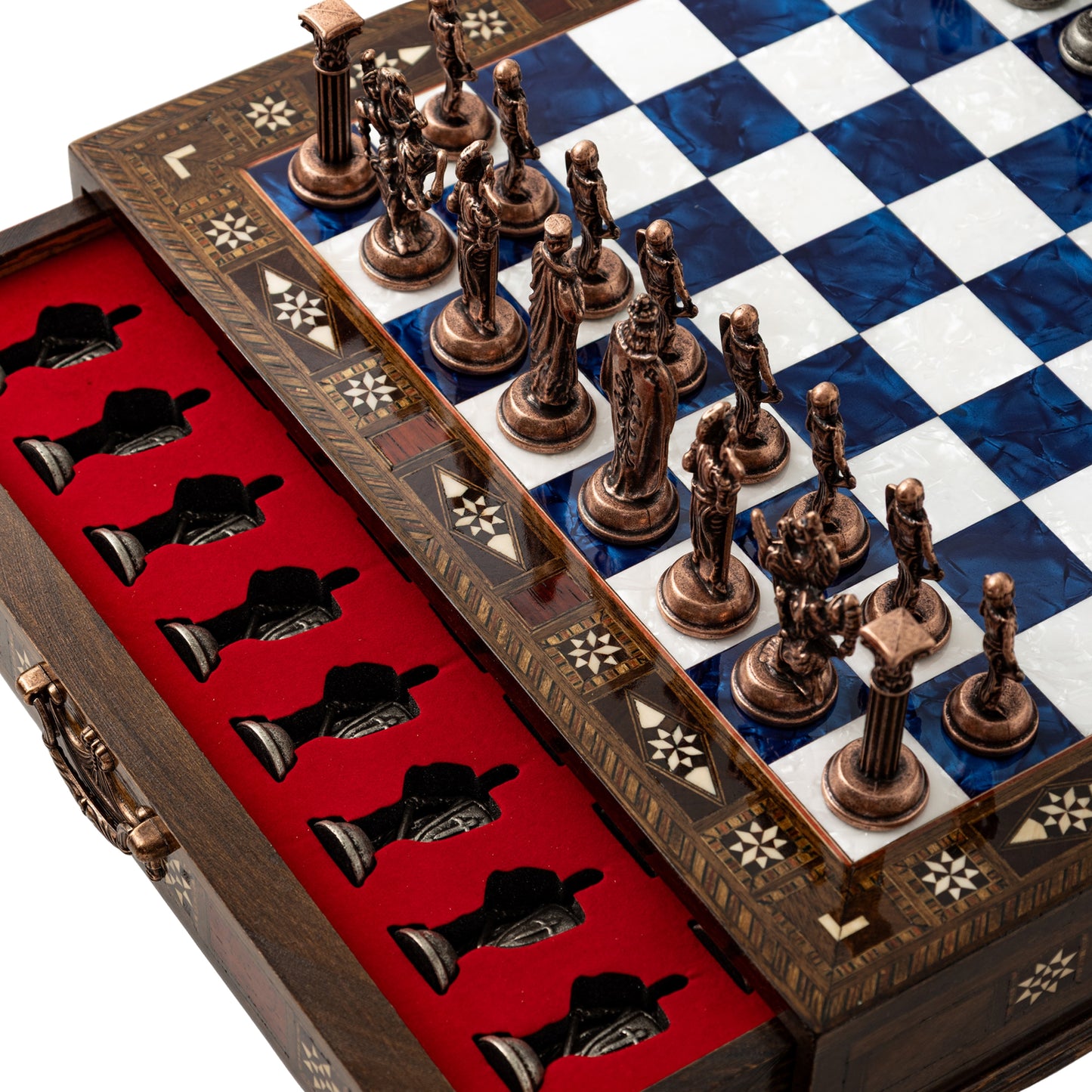 15" Luxury Handmade Wooden Chess Set with Drawer – Metal Pieces & Decorative Gift Board & Best Chess Gift