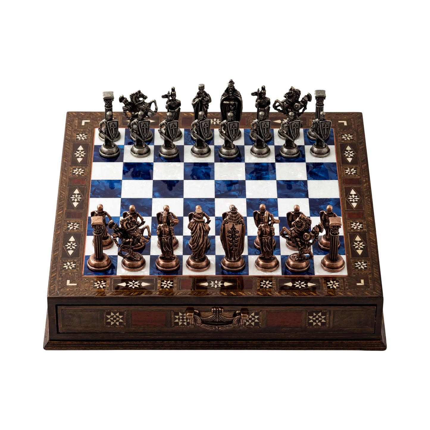 15" Luxury Handmade Wooden Chess Set with Drawer – Metal Pieces & Decorative Gift Board & Best Chess Gift