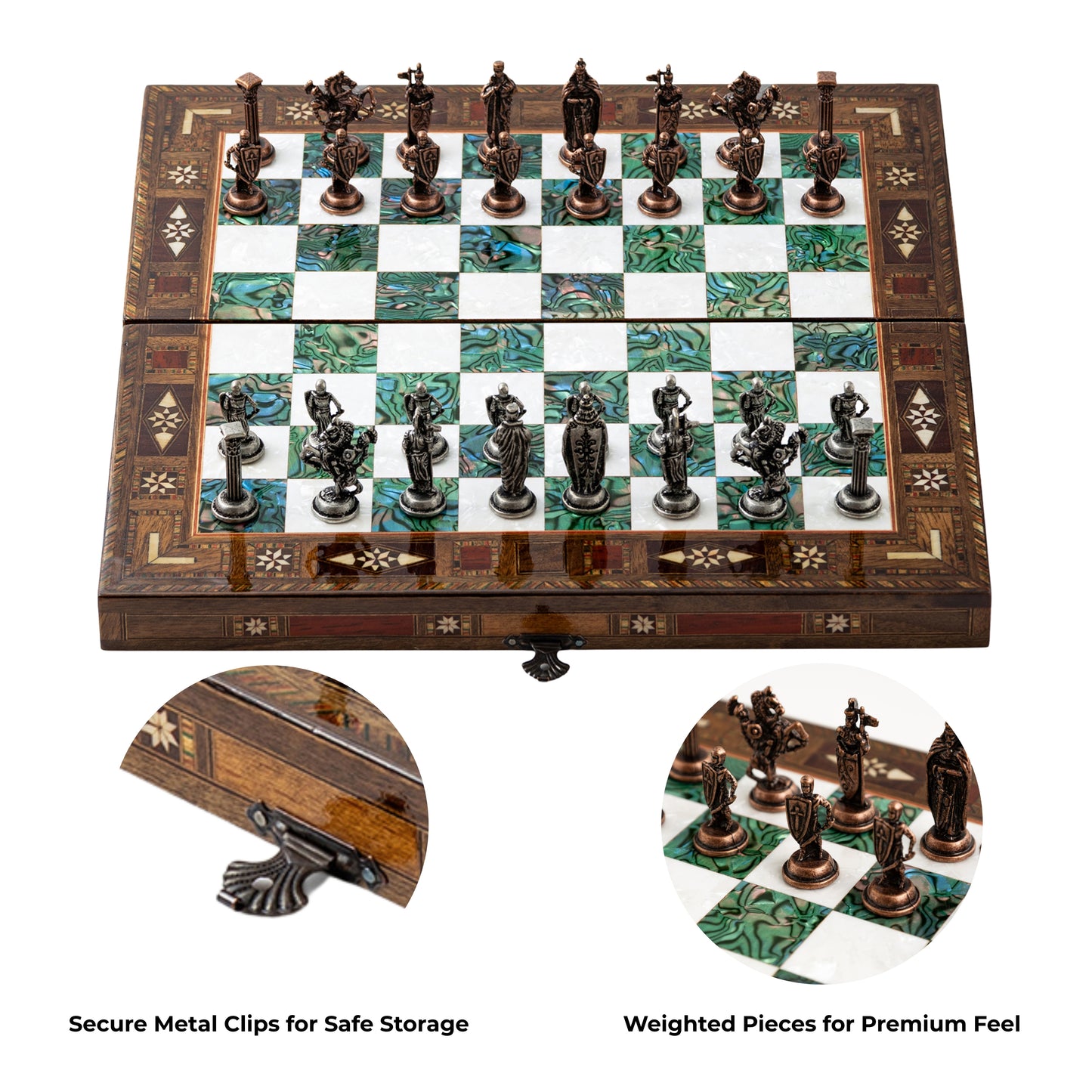 13" Handmade Walnut Folding Chess Set – Luxury Metal Chess Pieces & Storage