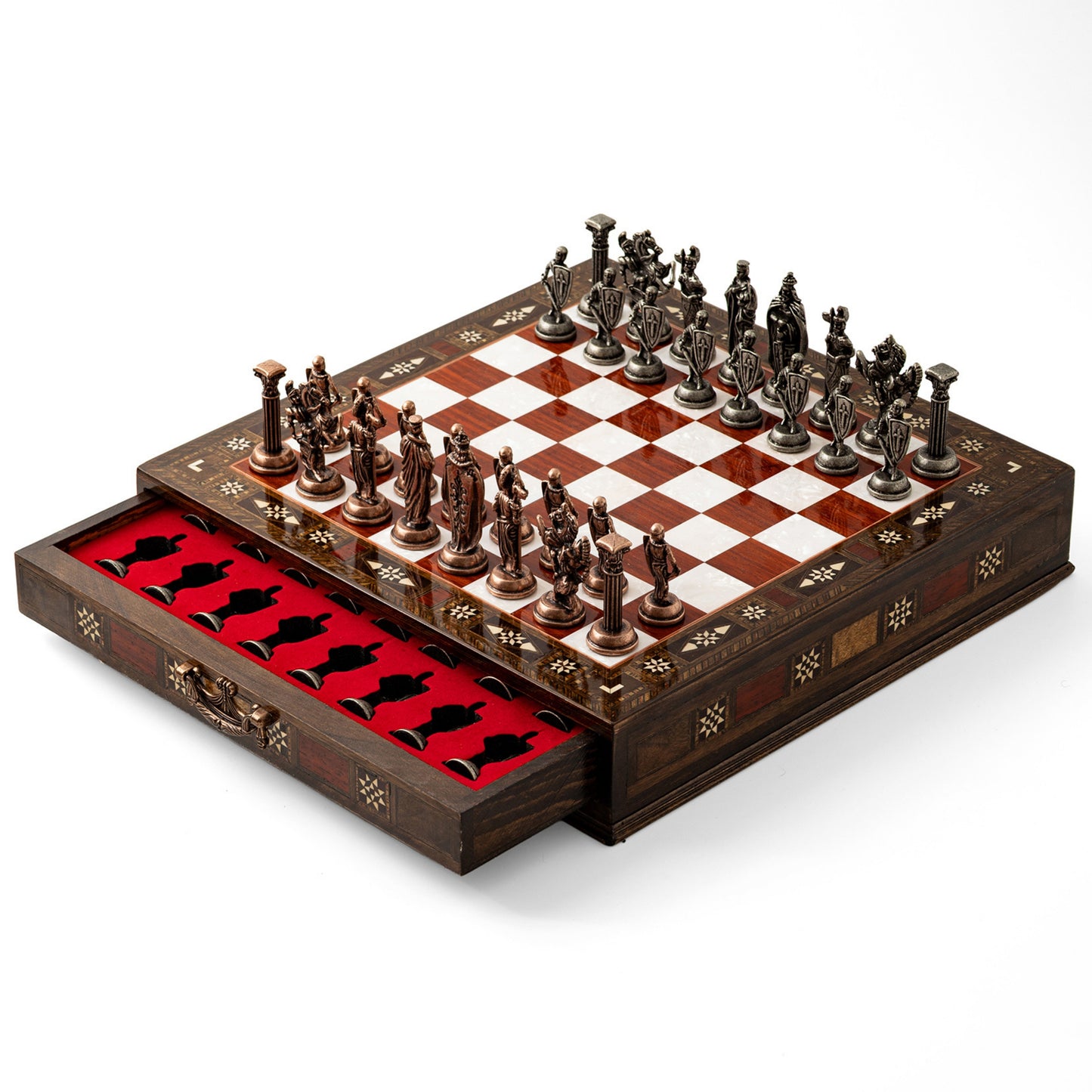 Luxury Handmade Wooden Chess Set with Metal Pieces – 6 Elegant Board Color & Storage Board