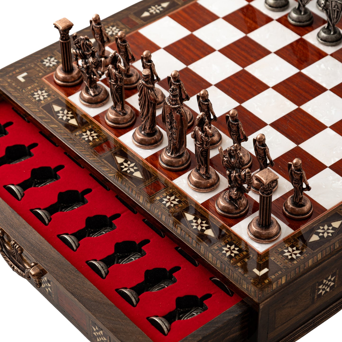 15" Collector’s Wooden Chess Set with Storage – Handmade Luxury Board & Metal Pieces & Best Christmas Gift