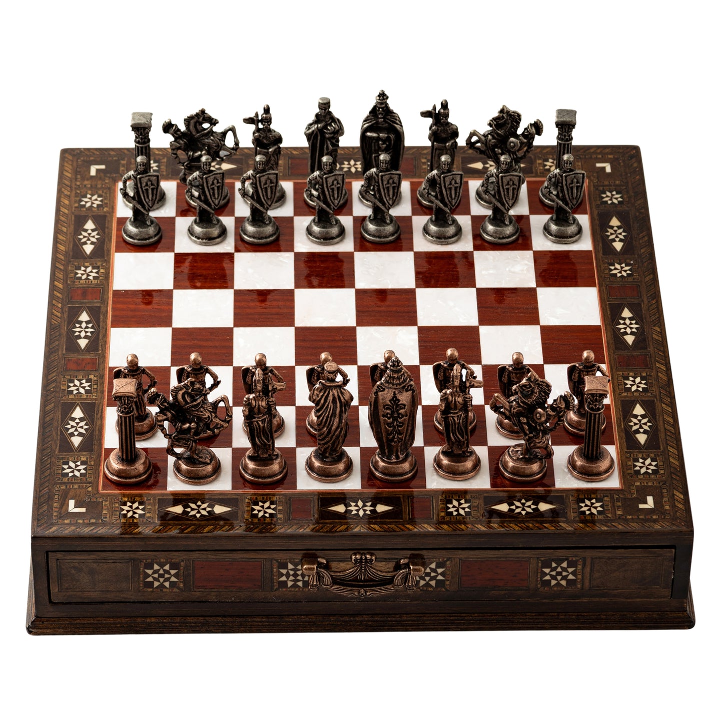 Handmade Wooden Chess Set with Metal Pieces – Luxury Walnut Chess Board with Storage Drawer