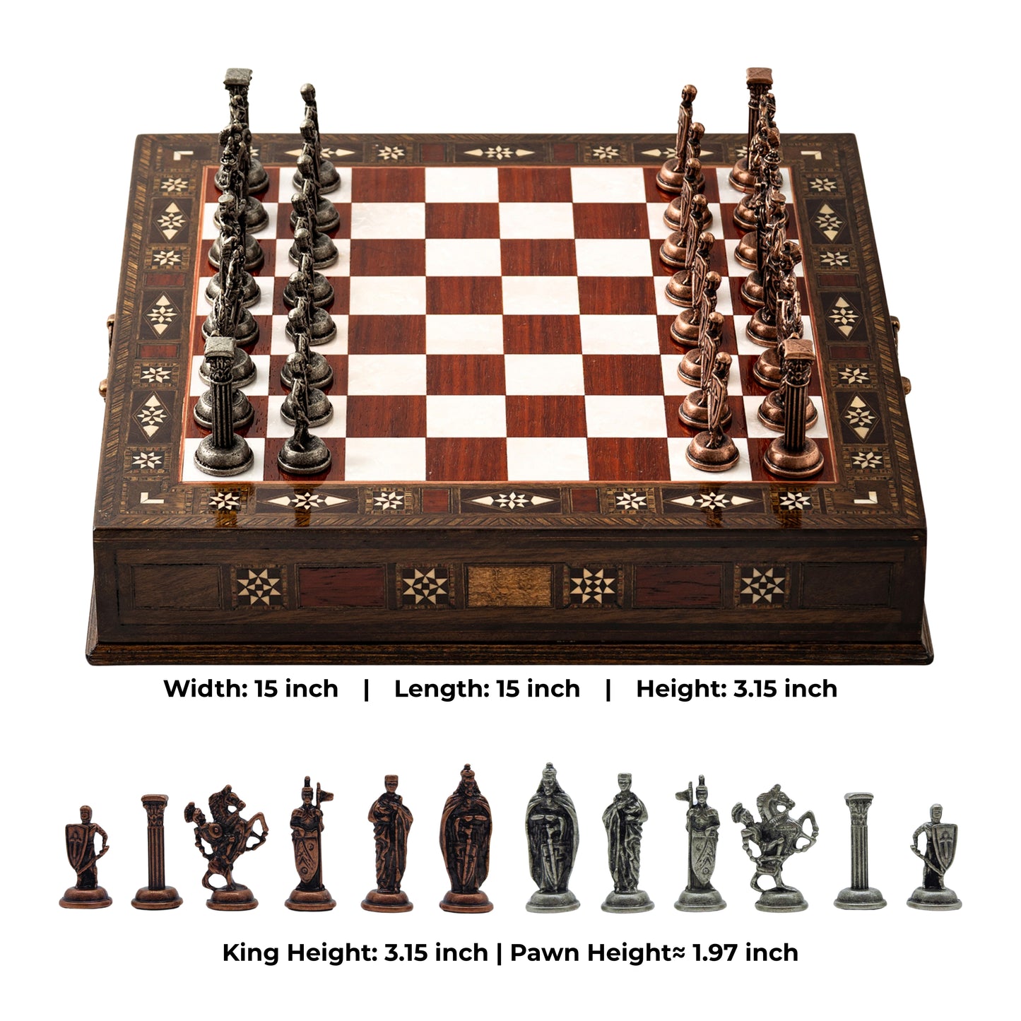 15" Collector’s Wooden Chess Set with Storage – Handmade Luxury Board & Metal Pieces & Best Christmas Gift