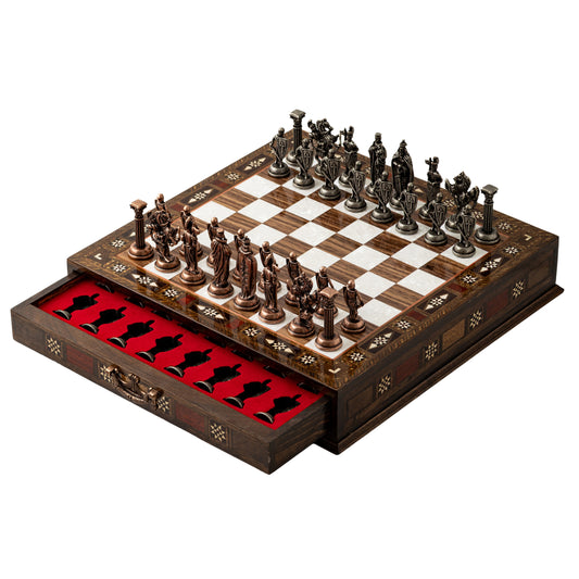 Luxury Handmade Wooden Chess Set with Metal Pieces – 6 Elegant Board Color & Storage Board
