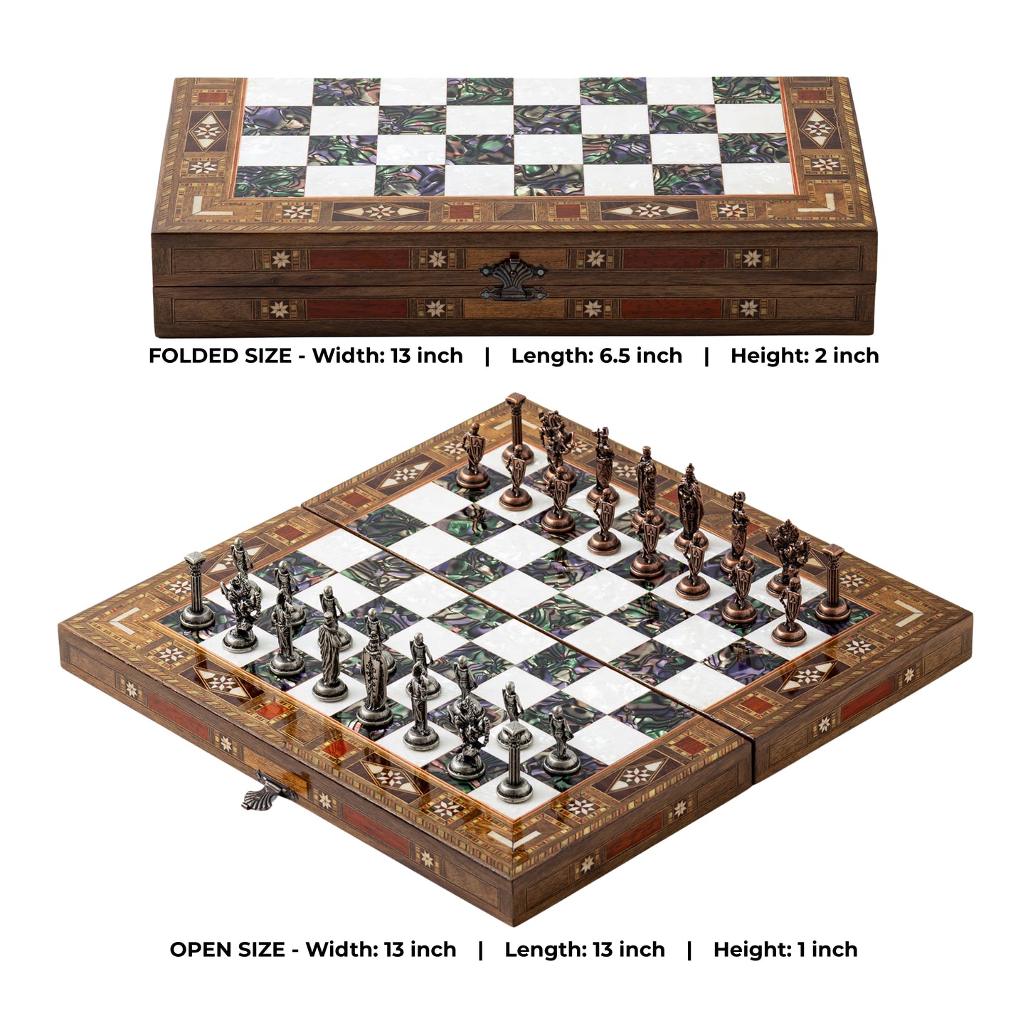 13" Handmade Walnut Folding Chess Set – Luxury Metal Chess Pieces & Storage