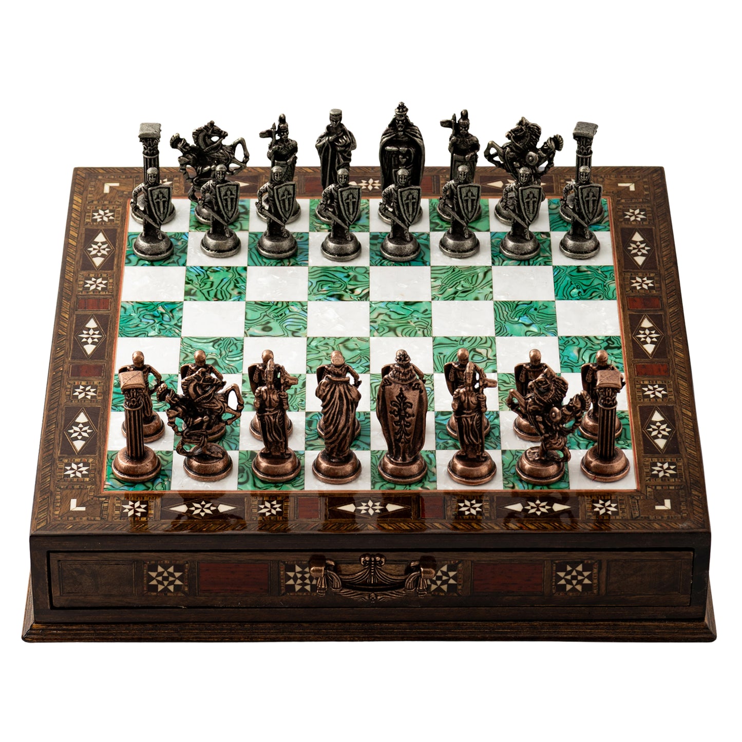 Handmade Wooden Chess Set with Metal Pieces – Luxury Walnut Chess Board with Storage Drawer