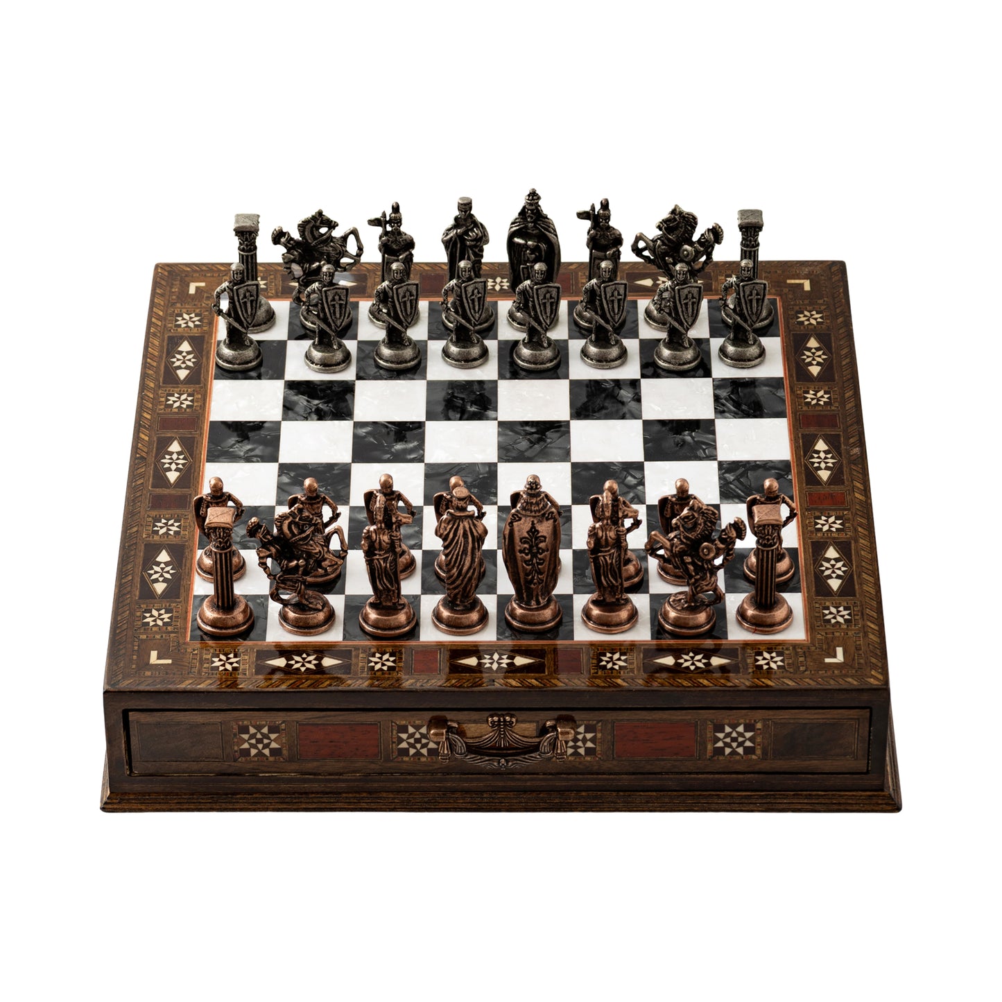 15" Collector’s Handmade Chess Set with Storage – Handmade Board & Luxury Metal Pieces
