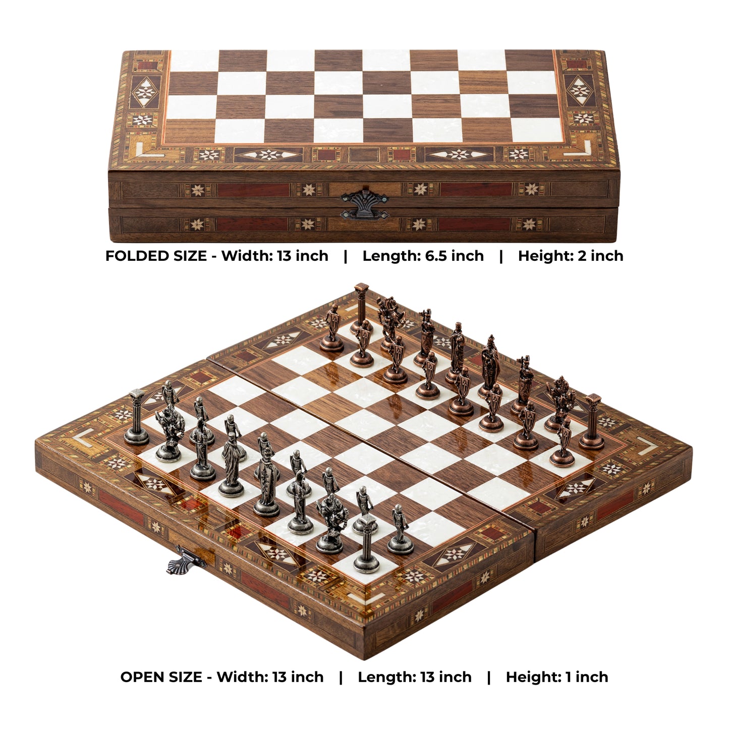 13" Handmade Walnut Folding Chess Set – Luxury Metal Chess Pieces & Storage