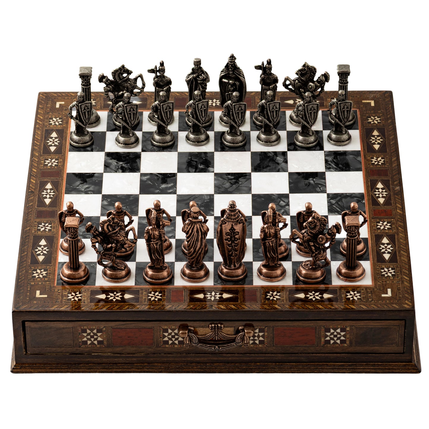 Handmade Wooden Chess Set with Metal Pieces – Luxury Walnut Chess Board with Storage Drawer