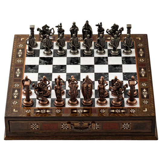 Handmade Wooden Chess Set with Metal Pieces – Luxury Walnut Chess Board with Storage Drawer