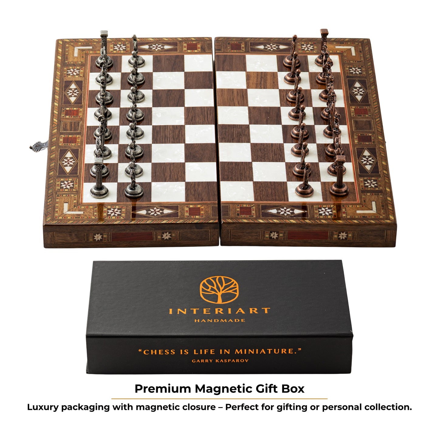 13" Handmade Walnut Folding Chess Set – Luxury Metal Chess Pieces & Storage