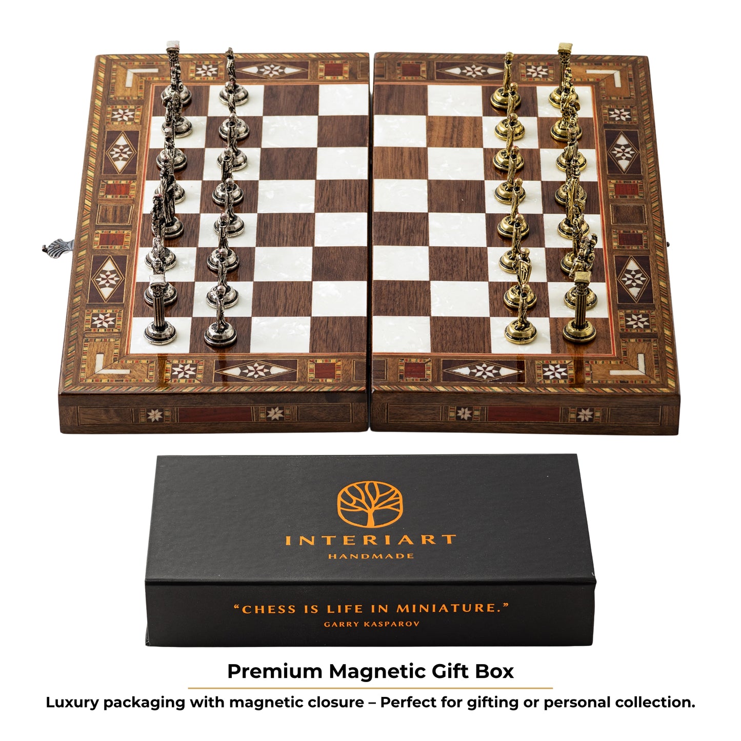 13" Handmade Walnut Folding Chess Set – Luxury Metal Chess Pieces & Storage