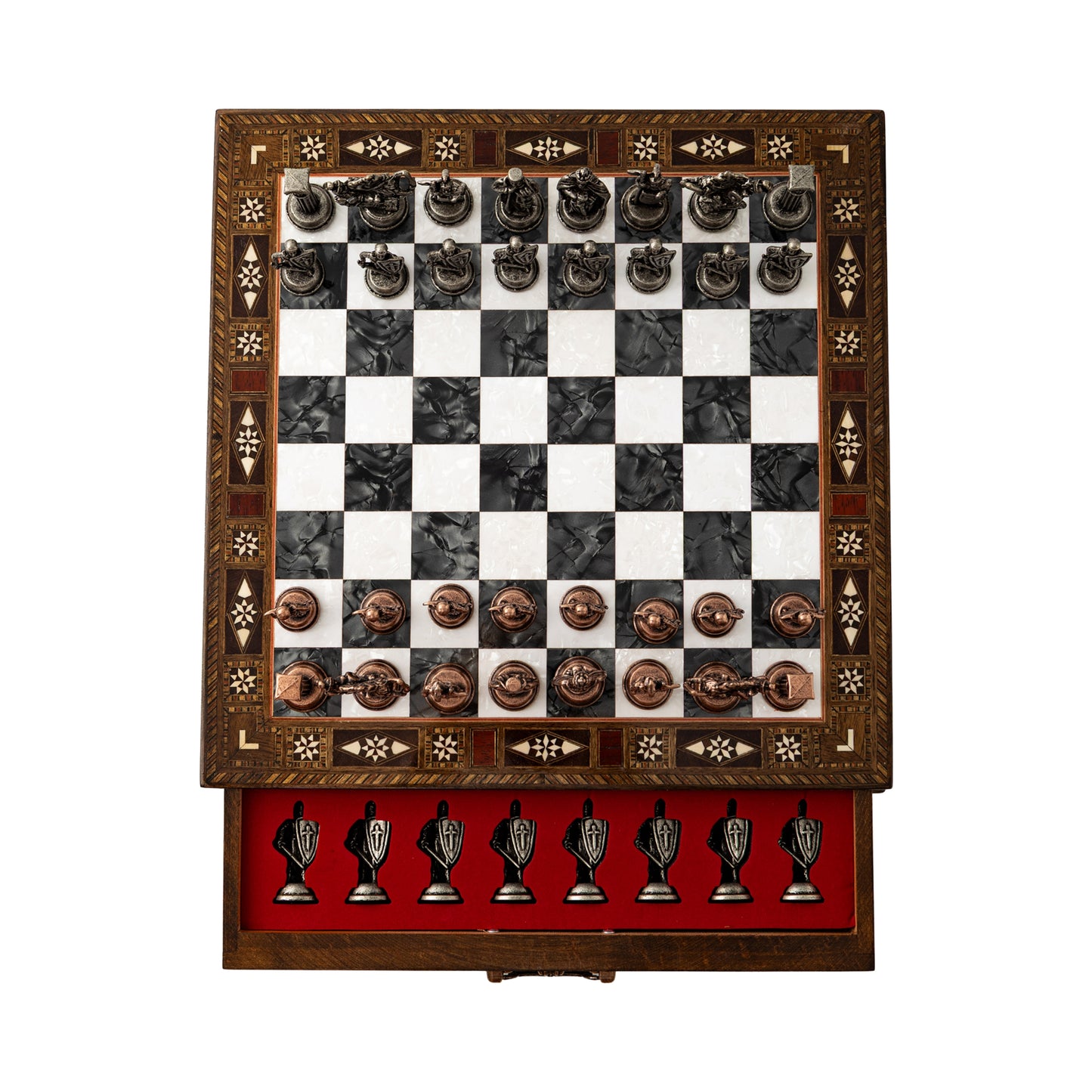 15" Collector’s Handmade Chess Set with Storage – Handmade Board & Luxury Metal Pieces