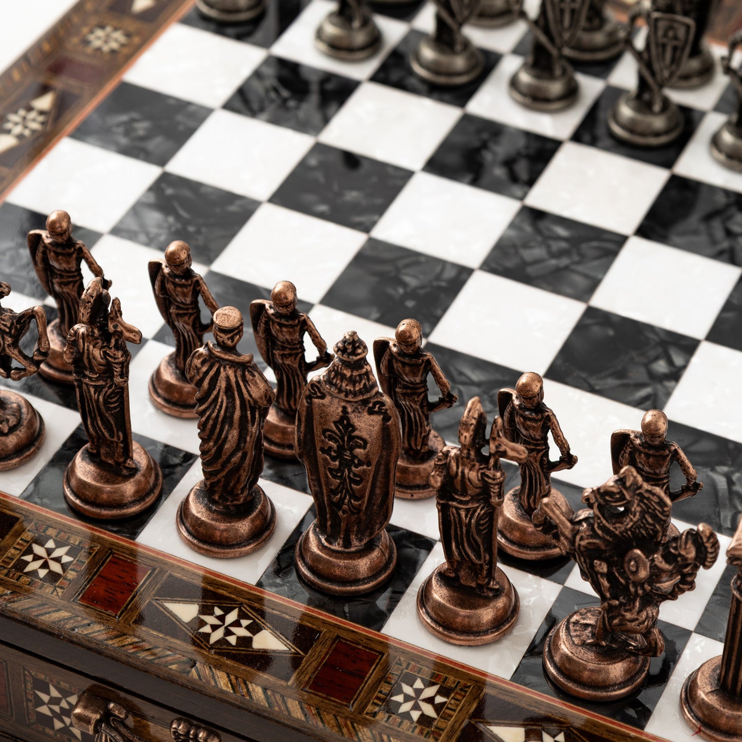 Luxury Handmade Wooden Chess Set with Metal Pieces – 6 Elegant Board Color & Storage Board