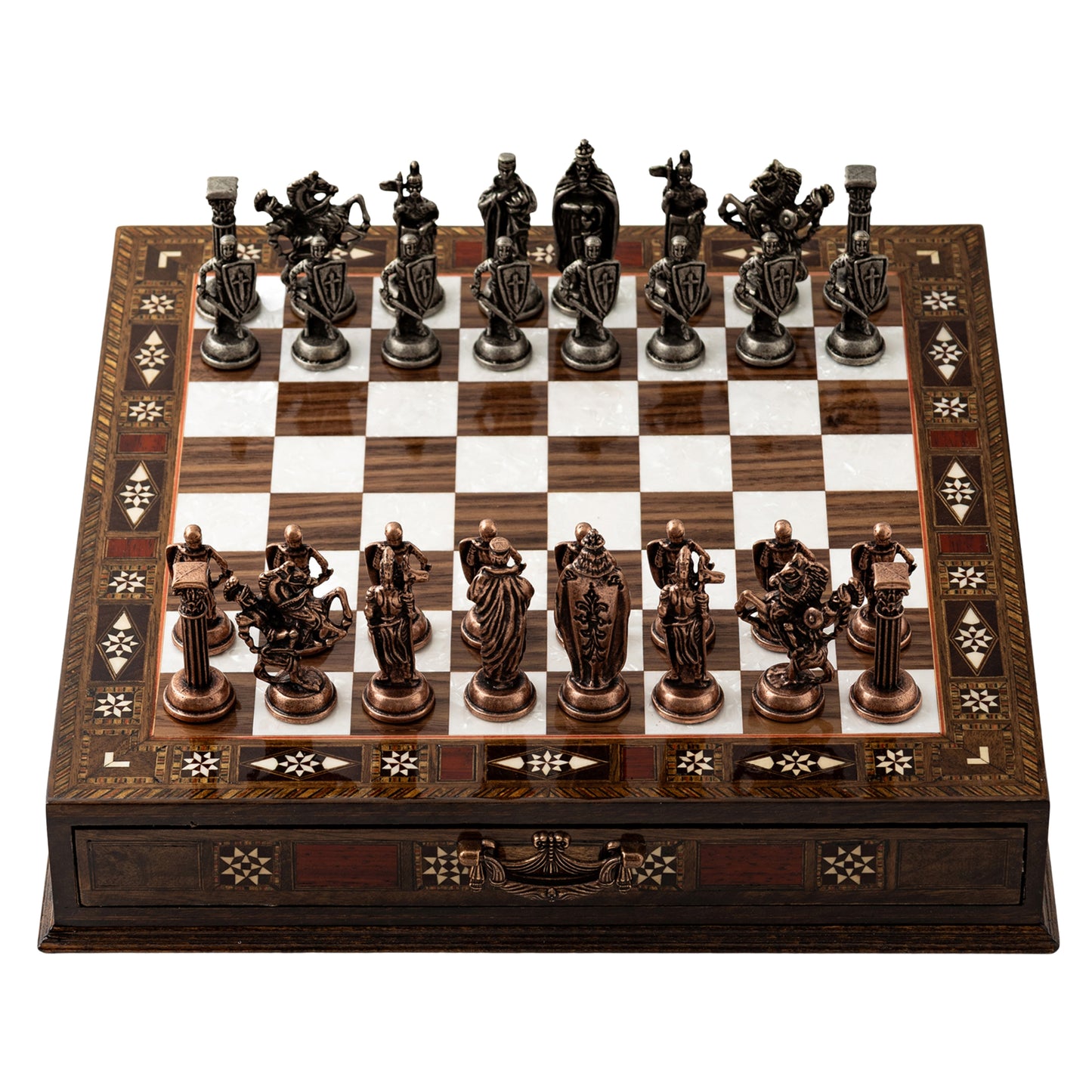 Handmade Wooden Chess Set with Metal Pieces – Luxury Walnut Chess Board with Storage Drawer