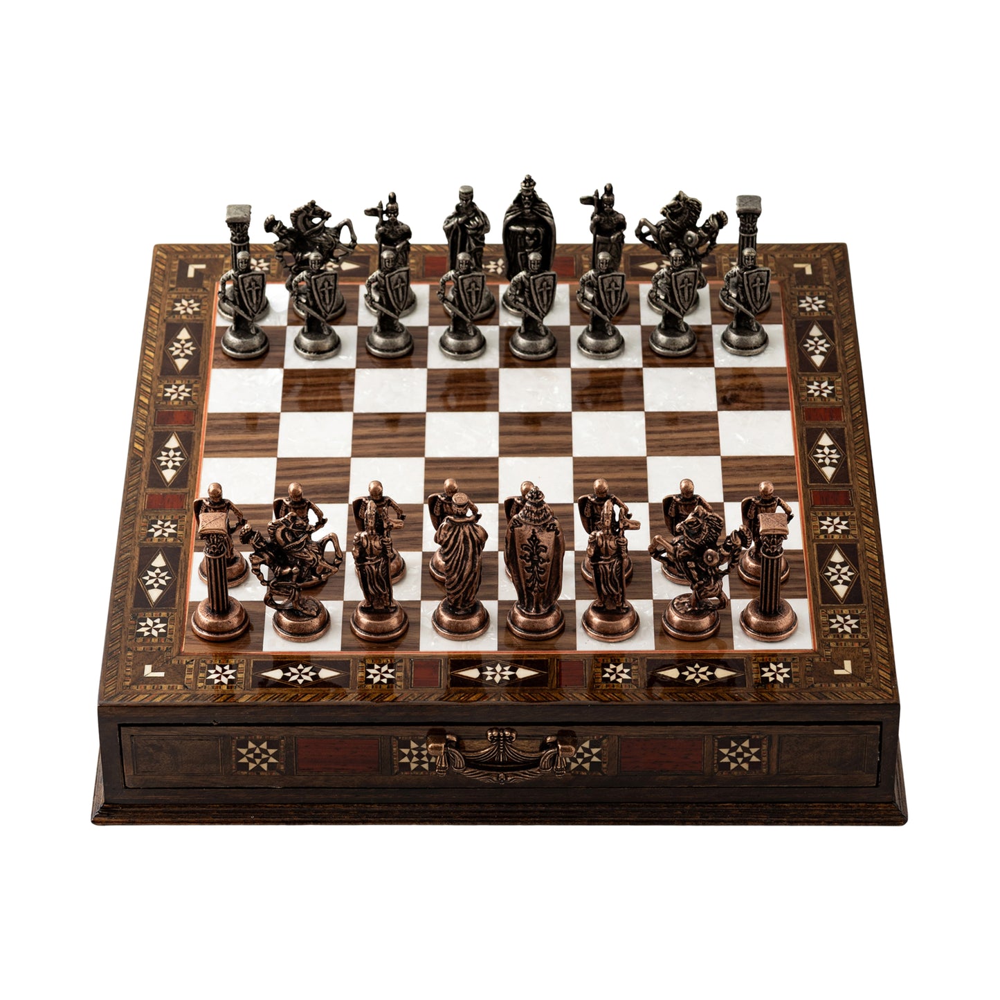 15" Luxury Handmade Wooden Chess Set with Storage – British Metal Pieces & Best Christmas Gift