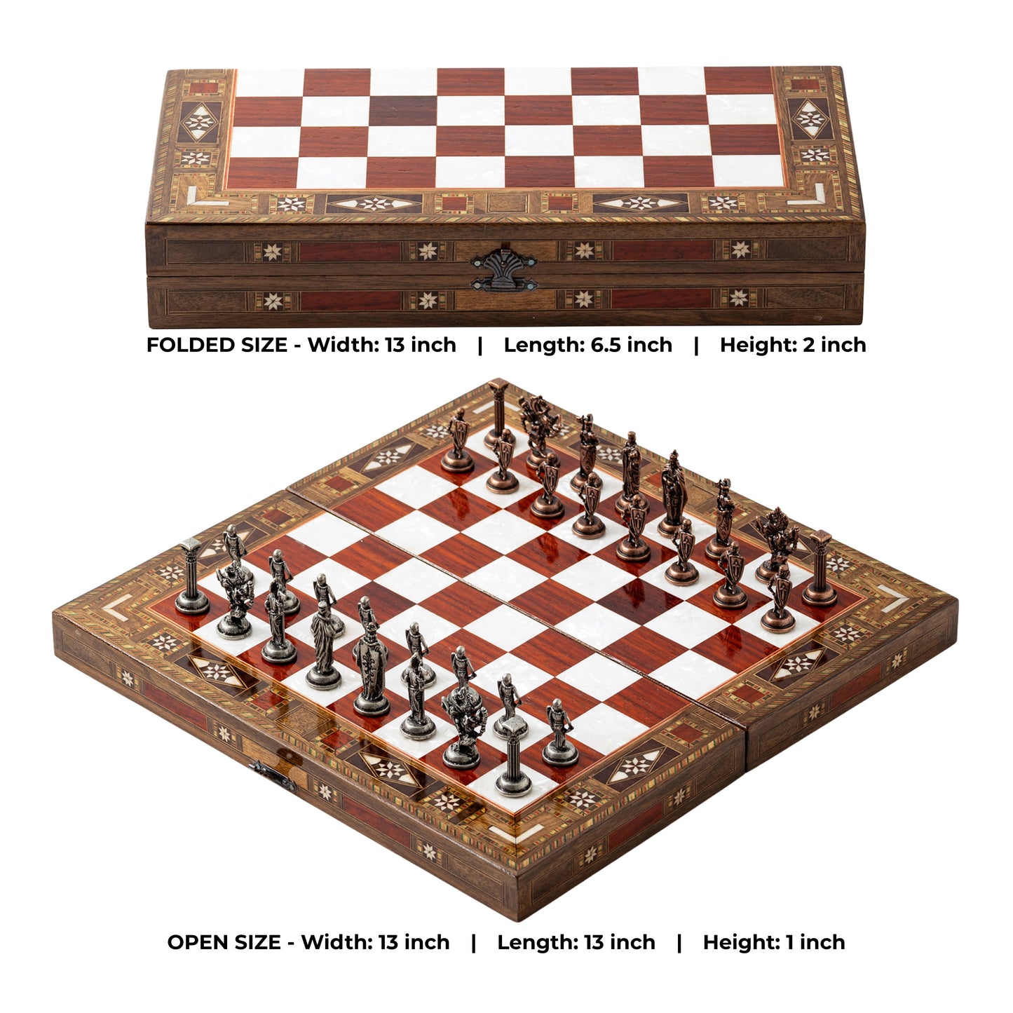 13" Handmade Walnut Folding Chess Set – Luxury Metal Chess Pieces & Storage