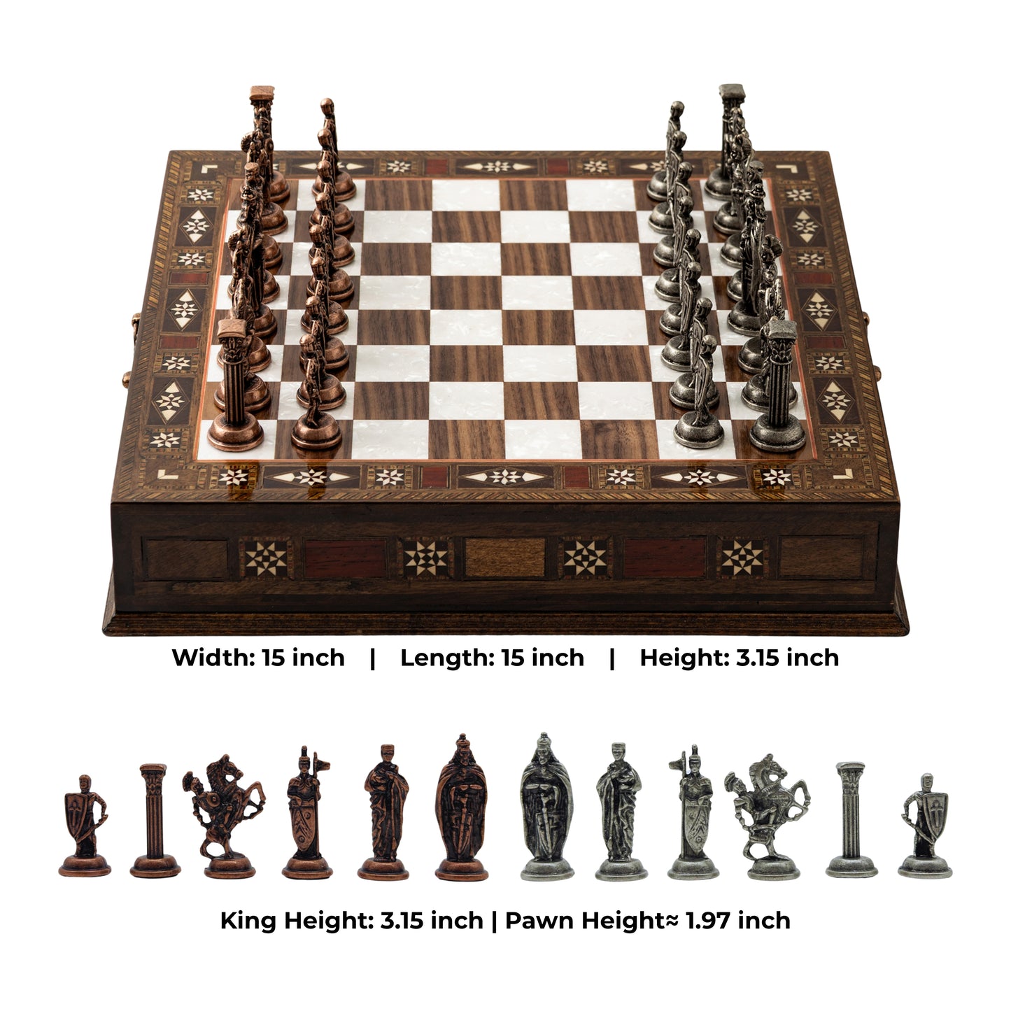 15" Luxury Handmade Wooden Chess Set with Storage – British Metal Pieces & Best Christmas Gift