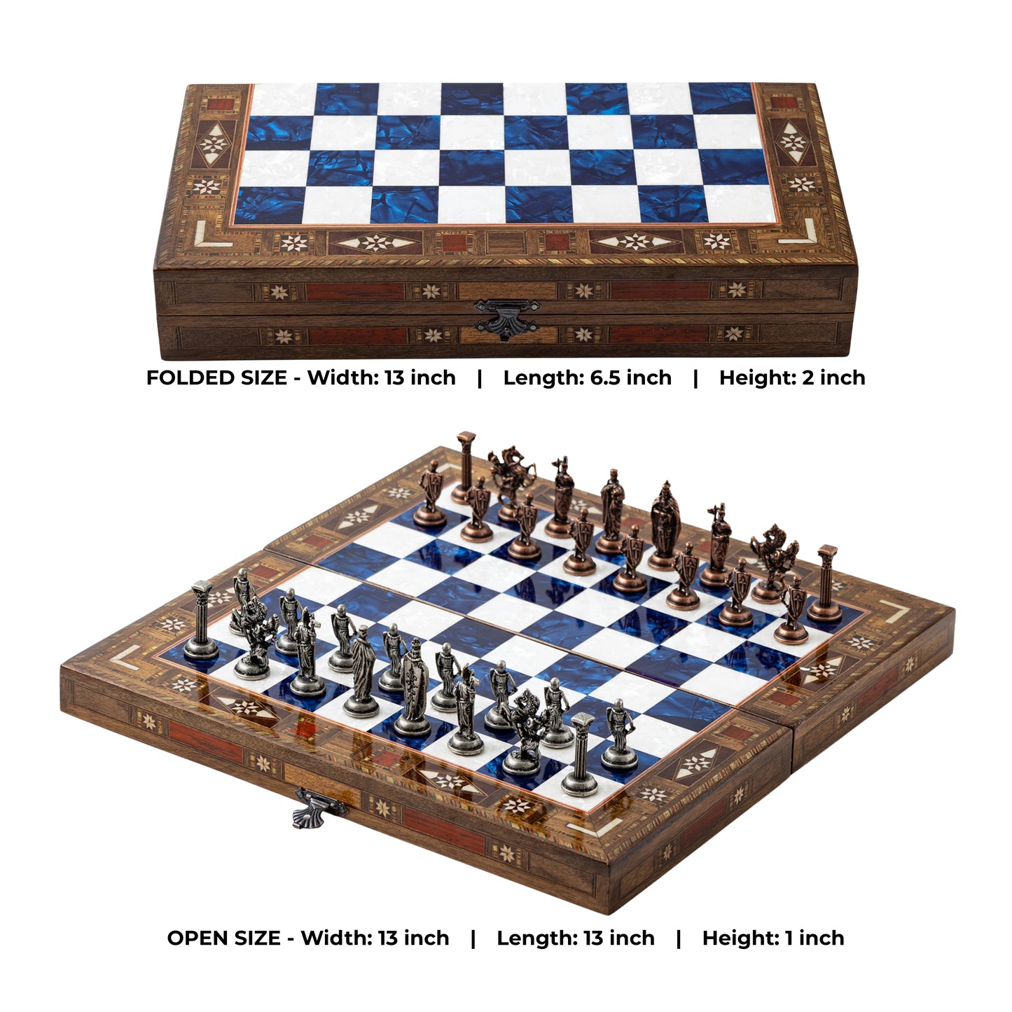 13" Handmade Walnut Folding Chess Set – Luxury Metal Chess Pieces & Storage