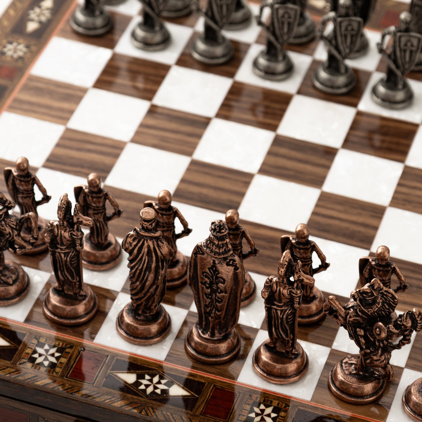 15" Luxury Handmade Wooden Chess Set with Storage – British Metal Pieces & Best Christmas Gift