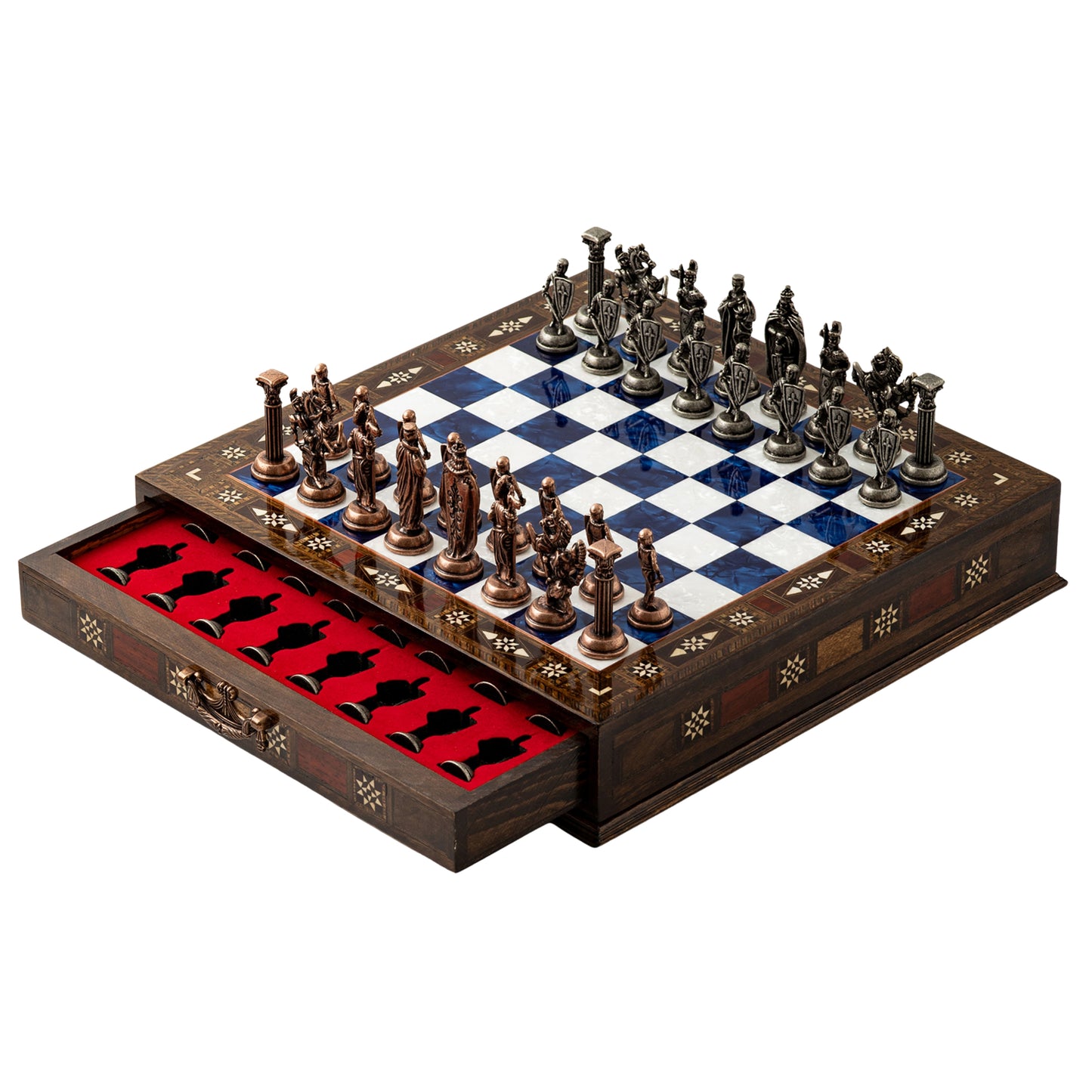 15" Luxury Handmade Wooden Chess Set with Storage – British Metal Pieces & Best Christmas Gift