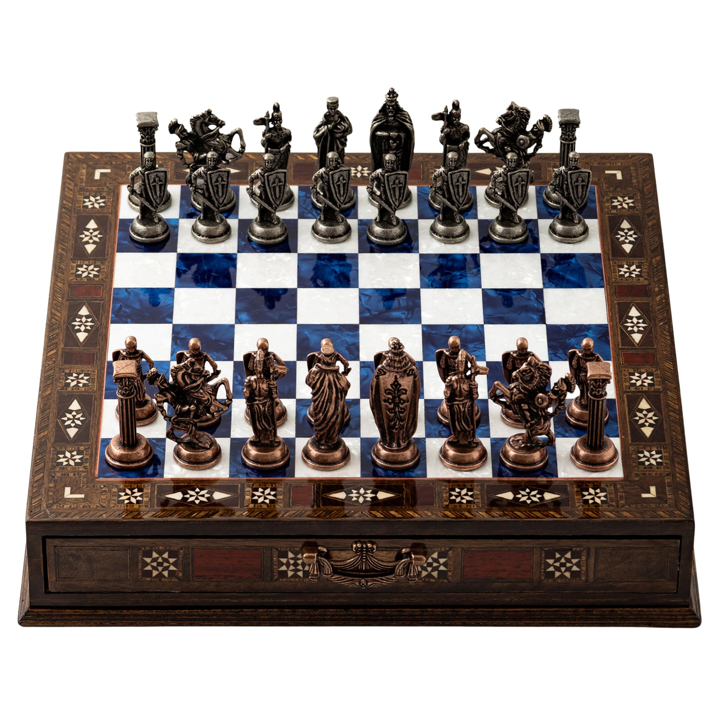 Handmade Wooden Chess Set with Metal Pieces – Luxury Walnut Chess Board with Storage Drawer